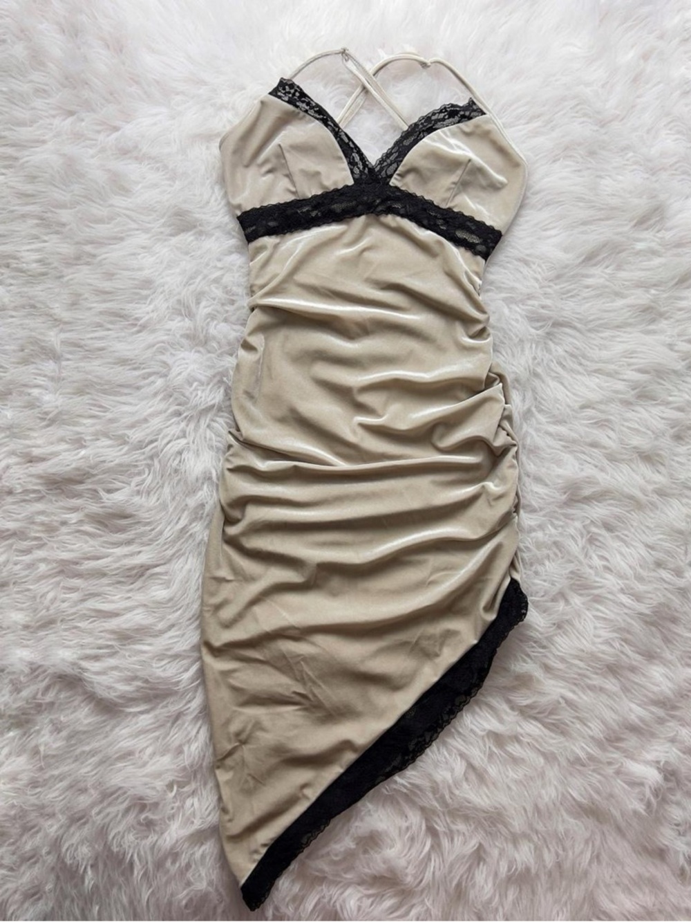 Velvet ivory lace trimmed asymmetrical dress